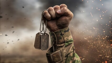 ww3 illustration A hand clenched in a fist holds military dog tags against a dramatic, smoky background.