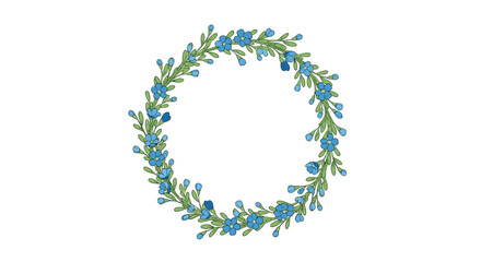 A delicate blue floral wreath with green foliage creates a charming circular design.