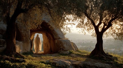 Obraz premium Resurrection dawn reveals a luminous figure at an ancient tomb entrance with olive trees and a golden light over a distant cityscape