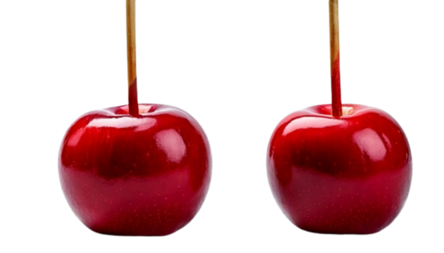 Set of Red Candy Apples with Glaze, isolated on transparent background.