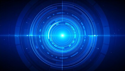 A vibrant blue graphic showcases concentric circles and glowing elements, creating a futuristic and technological appearance