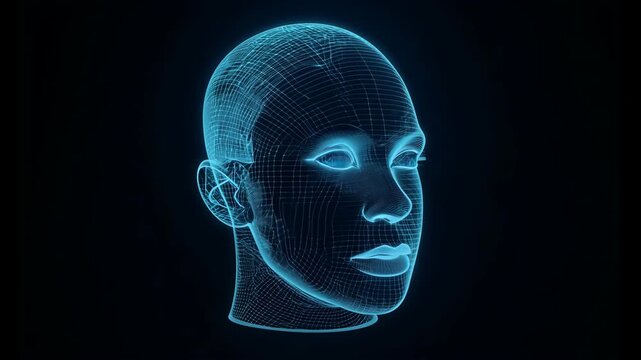 A digital wireframe of a human head glowing in blue, symbolizing AI, virtual reality, and technological advancements. 4k Video footage