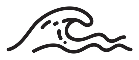 Obraz premium Black outline drawing of a curling ocean wave with abstract elements, illustrating movement and fluidity in a minimalistic style.