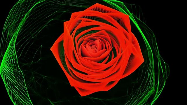 A vibrant green and red geometric pattern resembling a digital rose, set against a dark background, creating a striking visual effect. 4k Video footage