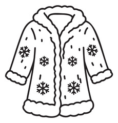 Obraz premium Black outline drawing of a simple coat with fur lining and snowflake patterns. minimal linear design for winter fashion and clothing concepts.