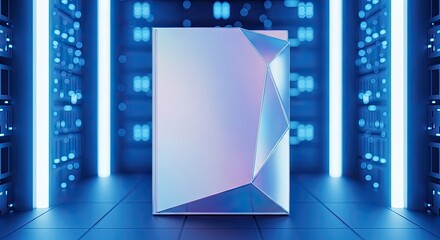 Futuristic Server Room: A sleek, geometric structure glows with an ethereal light, set against a backdrop of a modern server room, creating a sense of advanced technology and data processing.