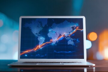 Global market growth: digital world map with rising graph on laptop screen.