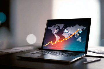 Global business growth concept with world map and graph on laptop screen.