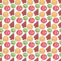 Christmas Cookies Seamless Pattern, Hand-Drawn Holiday Dessert Fabric Design in Colored Pencil Style