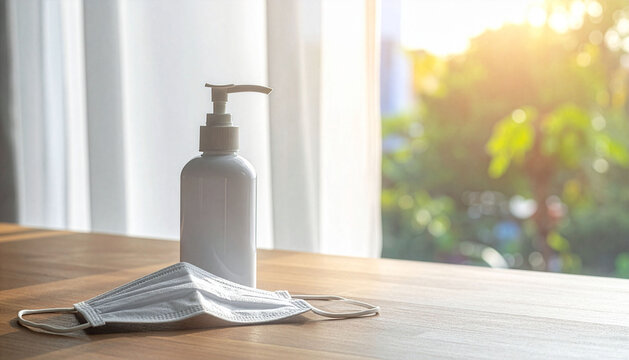 Masks and disinfectant on the desk