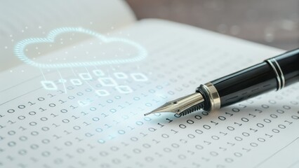 ai cloud for finance Digital pen on a notebook with binary code and cloud graphics, symbolizing technology and innovation.