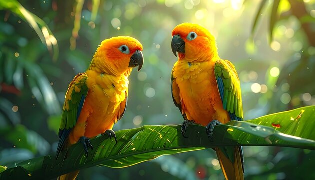 Two vibrant parrots with yellow, orange, and green plumage perched on a leafy branch against a blurred green background, bathed in sunlight