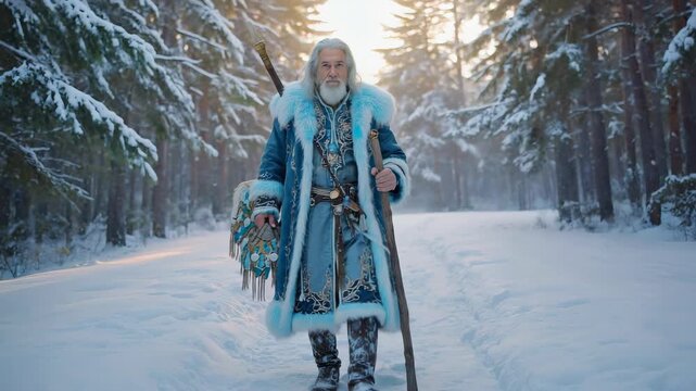 Blue-robed Ded Moroz walking through snowy forest at sunrise, traditional Slavic winter character