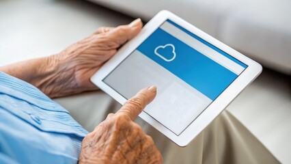 ai cloud for healthcare Elderly person using a tablet with a cloud storage icon on the screen, showcasing technology in daily life.
