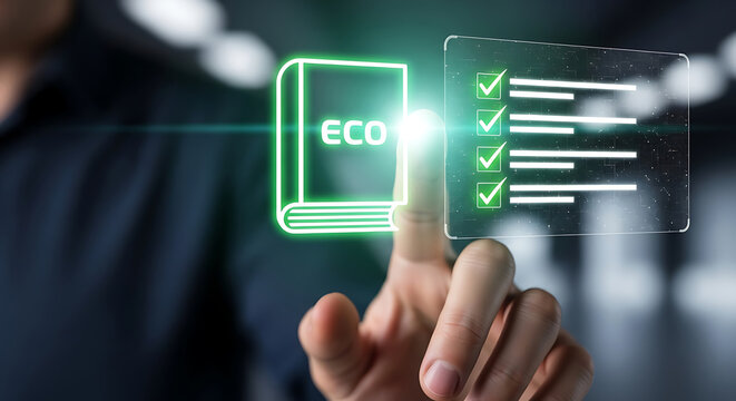 Fingertip pointing at a glowing green book icon labeled eco on a futuristic digital interface with a checklist