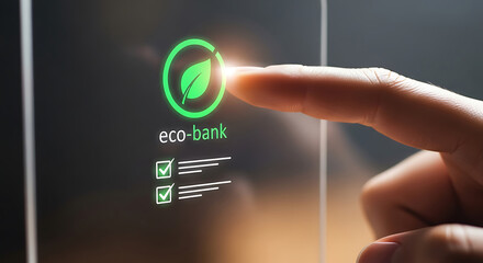 Finger pressing a glowing green leaf icon labeled ecobank on a digital screen