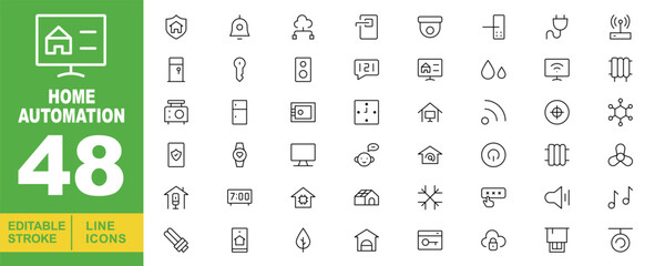 Home Automation line icon set. Editable stroke icons for website. Containing shield, bell, cloud, door, camera, phone, plug, router, key, speaker, message, monitor, water drop, computer, lock, watch.