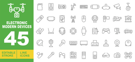 Electronic Modern Devices line icon set. Editable stroke icons for website. Containing drone, sd card, speaker, graphics card, satellite, keyboard, vr, camera, bike, remote, vr, hard drive, tower.