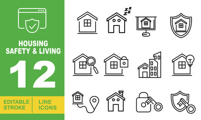 Housing Safety & Living line icon set. Editable stroke icons for website. Containing house, sleeping, house, shield, house, magnifying glass, lock, building, house, light bulb, house, map, house, lock