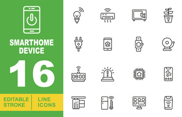 Smarthome Device line icon set. Editable stroke icons for website. Containing smartphone, bulb, air conditioner, microwave, plant, plug, phone, watch, bell, clock, siren, chip, phone, blinds.