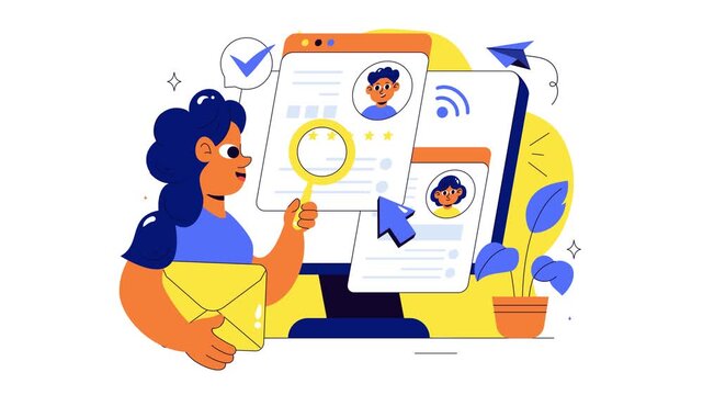 Animation of Online Job Fair Illustration featuring We Are Hiring with Recruitment, Resume Selection Process, and Agency Interview in a Background