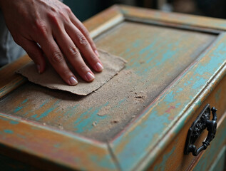Hand sanding old wooden furniture surface for restoration and renovation project