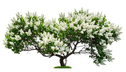 Blooming white lilac tree isolated on white background, perfect for springtime design