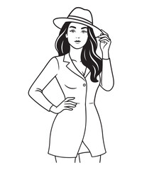 Minimalist Line Art Fashion Woman in Hat Illustration.