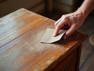 Hand sanding old wooden furniture before painting during restoration work