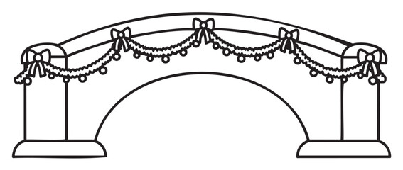 Black and white outline of a decorative arched bridge adorned with bows and garlands, suitable for festive occasions and celebrations.