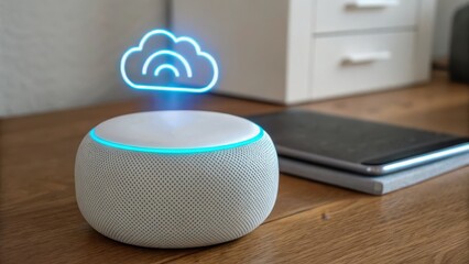 ai cloud for iot devices Smart speaker with glowing cloud icon, placed on a wooden desk next to a laptop and other items.