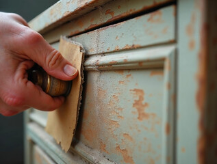 Hand sanding old wooden furniture surface for restoration and renovation project