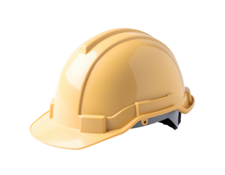 Yellow safety headgear, a protective hard hat, isolated on a stark black backdrop