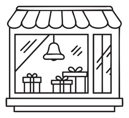 Fototapeta premium Black outline icon of a storefront with an awning, displaying three wrapped gift boxes and a hanging bell.