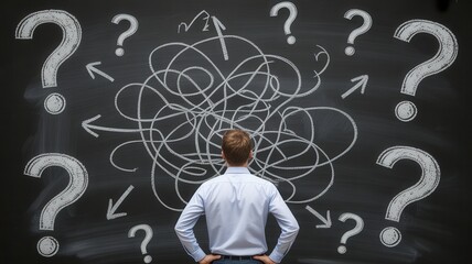 Confused businessman faces tangled thoughts and multiple choices symbolized by question marks and arrows on a blackboard