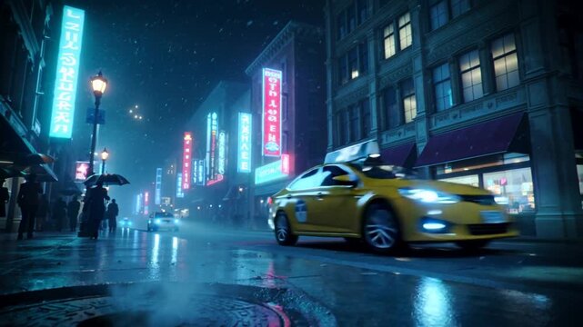Futuristic cinematic city street on a rainy night with steam rising from a manhole cover. People with umbrellas walking on wet sidewalks