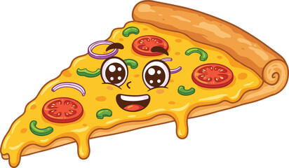 Cute cartoon pizza slice with smiling face, melted cheese, tomato, onion, green pepper toppings, happy food mascot vector illustration