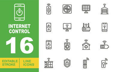 Internet Control line icon set. Editable stroke icons for website. Containing remote, fan, solar panel, garage, remote, monitor, router, phone, smartphone, washer, house, battery, building, shield.