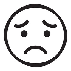 Black outline of a simple, sad face emoji with a frowning mouth and raised eyebrows, conveying an expression of sadness.