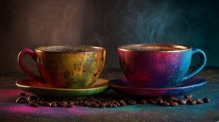 Steaming aromatic coffee in vibrant cups, inviting warmth and rich flavor for a delightful start to your day or a cozy break, perfect for coffee lovers