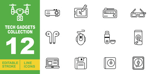 Tech Gadgets Collection set of web icons in line style. Containing a drone, a projector, a tablet with a stylus, a radio, and 3D glasses, wireless earbuds, a computer mouse. Editable stroke