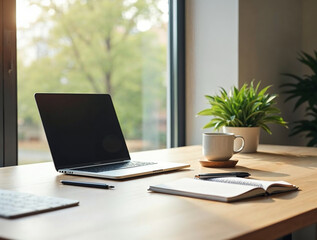 Futuristic laptop with neon lights and glowing plant on desk in dark office