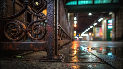 futuristic war cityscape Rustic metalwork and wet pavement create a moody urban scene, highlighting reflections and ambient lighting.