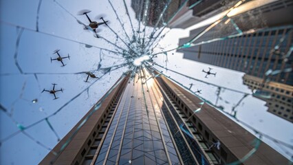 futuristic war cityscape Shattered glass reflects a city skyline with flying drones above, creating a surreal urban scene.