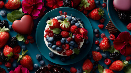 Delicious berry cake and heart shaped macaron, perfect for romantic dessert promotions and vibrant food blog posts, with fresh strawberries and blueberries