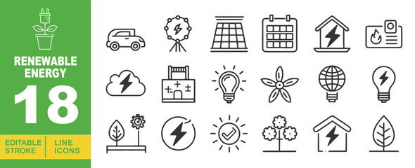 Renewable Energy set of web icons in line style. Containing a car, a wind turbine, a solar panel, a calendar, a house with a lightning bolt, a document with a flame. Editable stroke