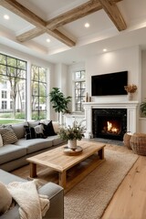 Elegant living room with cozy fireplace and modern interior design elements