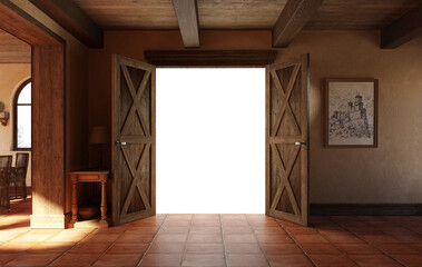 The door opens into a bright room. Vintage interior in Italian rustic style.