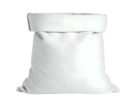 White, folded fabric bag sits against a black background, lit from front
