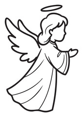 Fototapeta premium Black outline of an angel with wings and halo, wearing a robe and extending hands forward in a graceful pose.